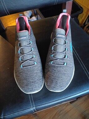 Skechers Gray Knit Slip-On Sneakers with Pink Lining and Teal Accents